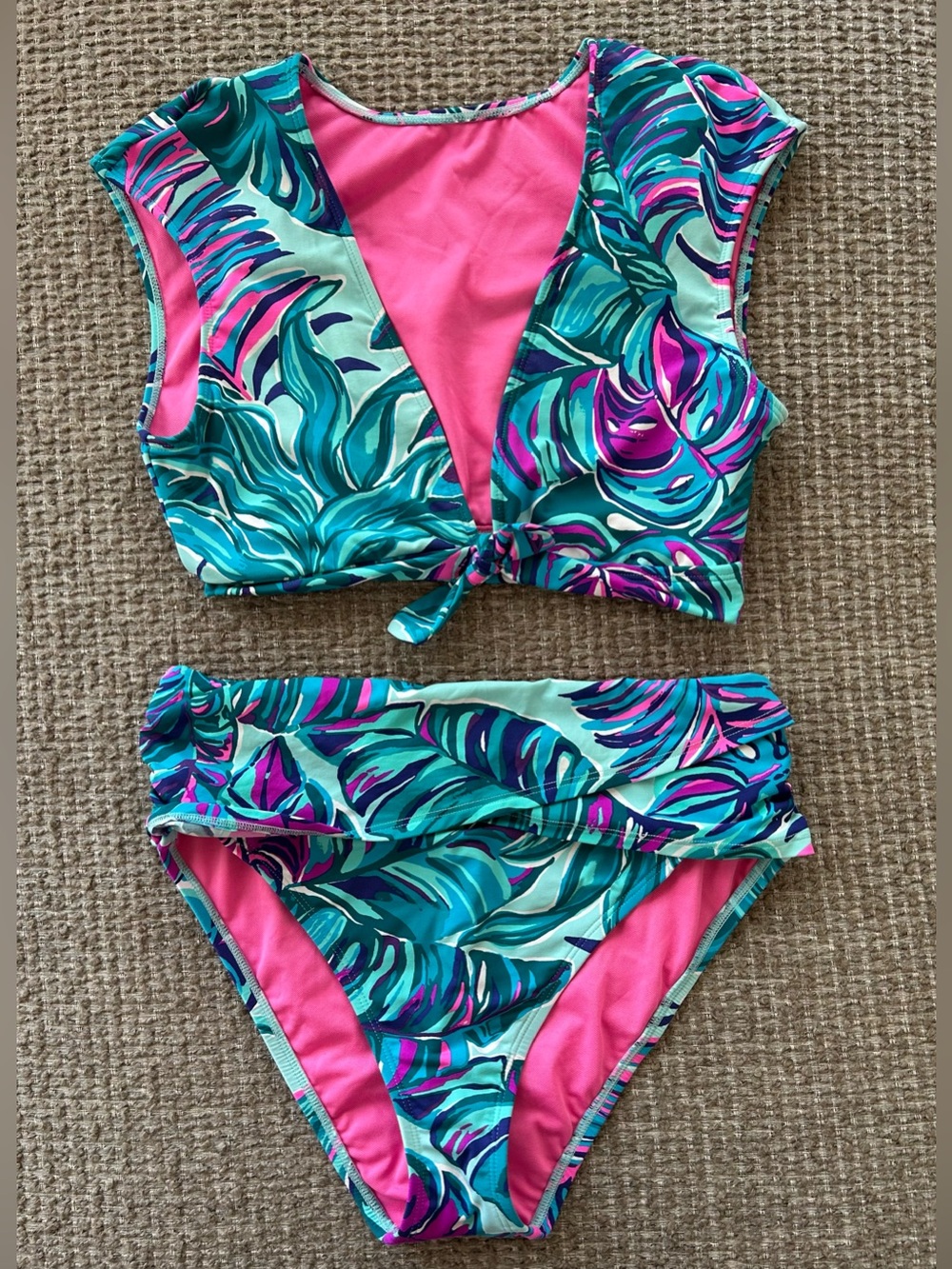 Women’s Lily Pulitzer Tropical Leaf Tie Front 2-Piece Swimsuit Pink & Teal, Sz 6